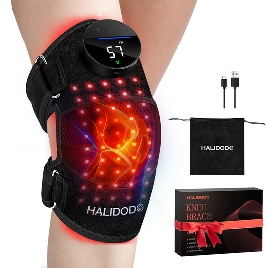 HALIDODO Red Light Therapy & Vibration Massage Knee Brace - Wireless Rechargeable Controller, 660nm&850nm Red Light Therapy Heated Device for Knee/Joint/Elbow/Shoulder Pain Relief, Black.