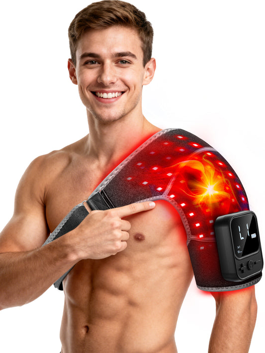 Red Light Therapy for Shoulder with Heat & Massage 5000mAH Cordless Near-Infrared Light Therapy Wrap, 216 Beads 660nm & 850nm Shoulder Brace for Men Women Portable Pad Last 90-380mins
