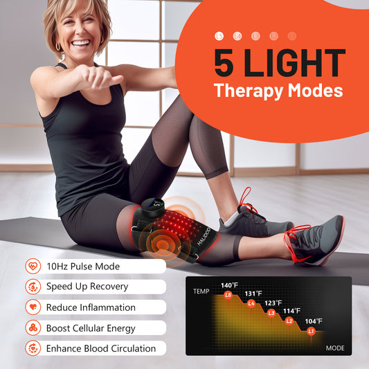 HALIDODO Red Light Therapy & Vibration Massage Knee Brace - Wireless Rechargeable Controller, 660nm&850nm Red Light Therapy Heated Device for Knee/Joint/Elbow/Shoulder Pain Relief, Black.